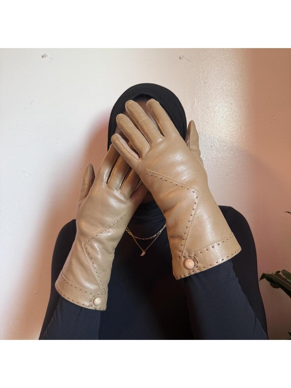 80s Tan Leather Winter Gloves Shearling Faux Fur Trim Medium